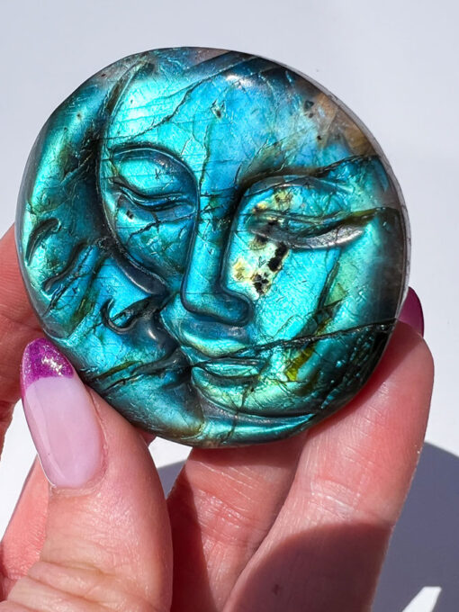 Labradorite moon and sun carving