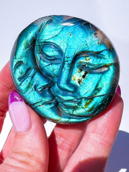 Labradorite moon and sun carving