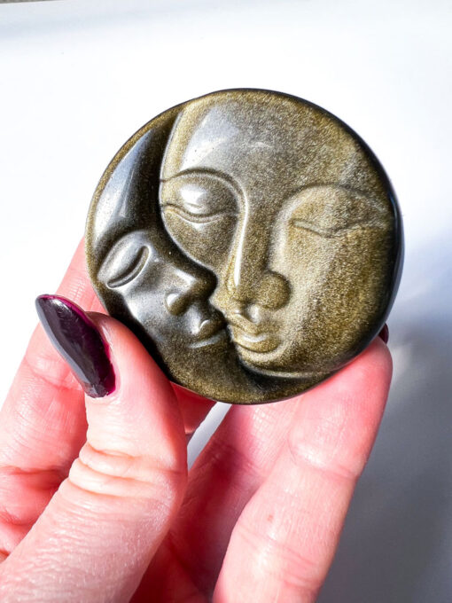 Gold Sheen Obsidian moon and sun face carving