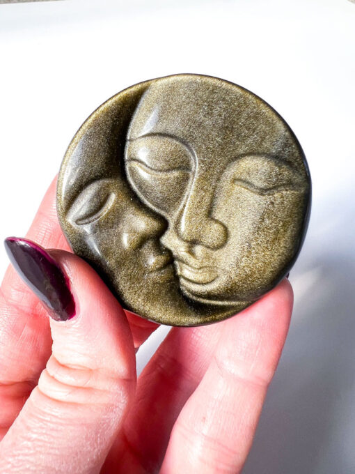 Gold Sheen Obsidian moon and sun face carving