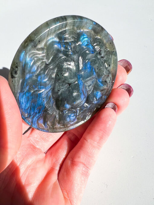 Labradorite lion head carving