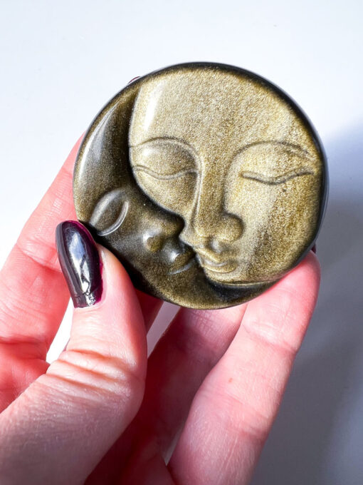 Gold Sheen Obsidian moon and sun face carving