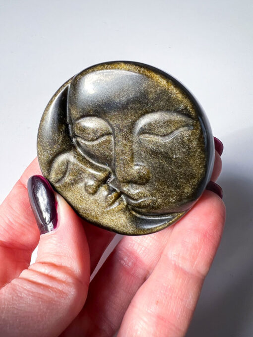 Gold Sheen Obsidian moon and sun face carving