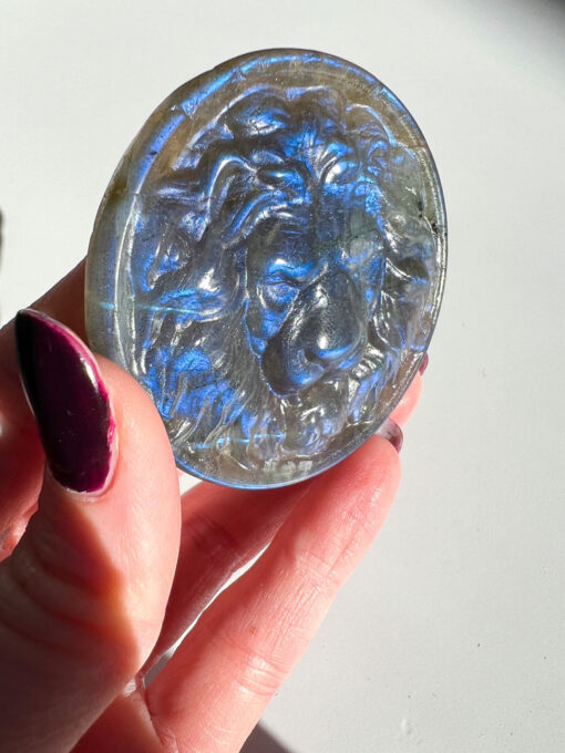 Labradorite lion head carving