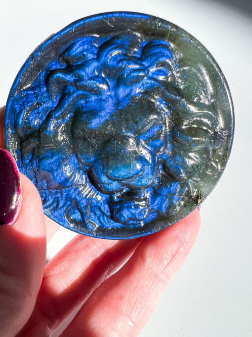 Labradorite lion head carving