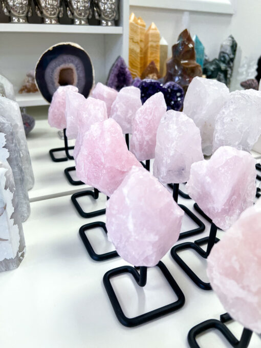 Raw Rose Quartz on stand