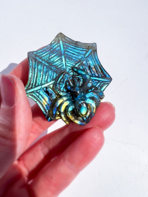 Hand Carved Labradorite Spider on a Web Carving