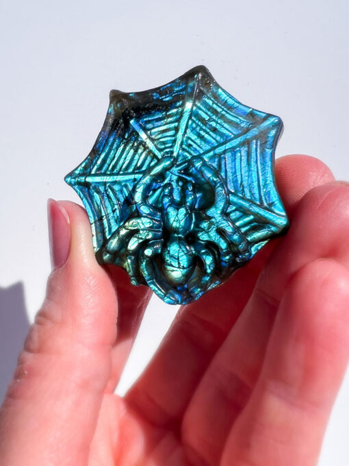 Hand Carved Labradorite Spider on a web carving