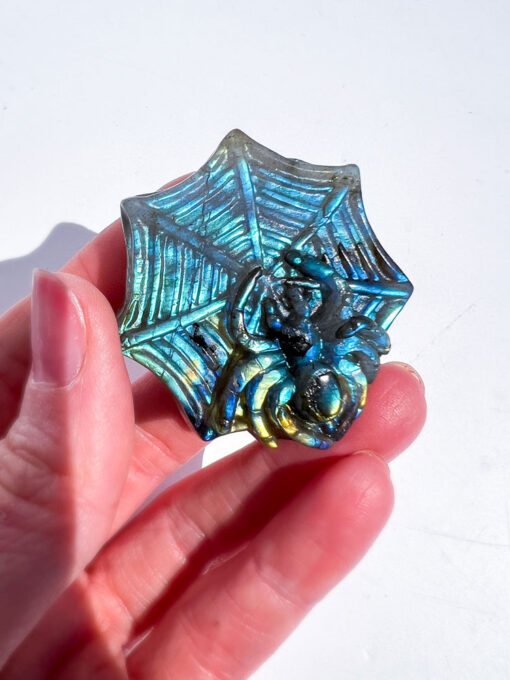 Hand Carved Labradorite Spider on a Web Carving