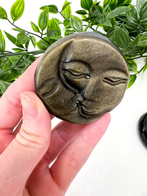 Gold Sheen Obsidian sun and moon face carving