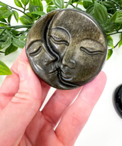 Gold Sheen Obsidian sun and moon face carving