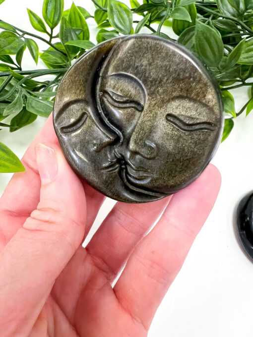 Gold Sheen Obsidian sun and moon face carving