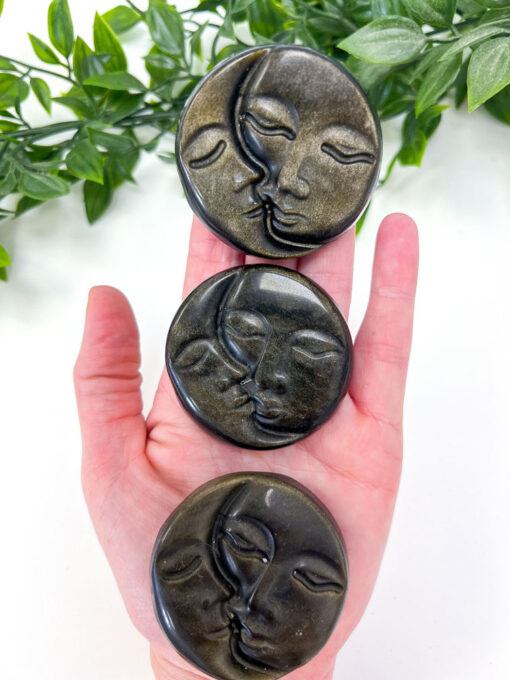 Gold Sheen Obsidian sun and moon face carving