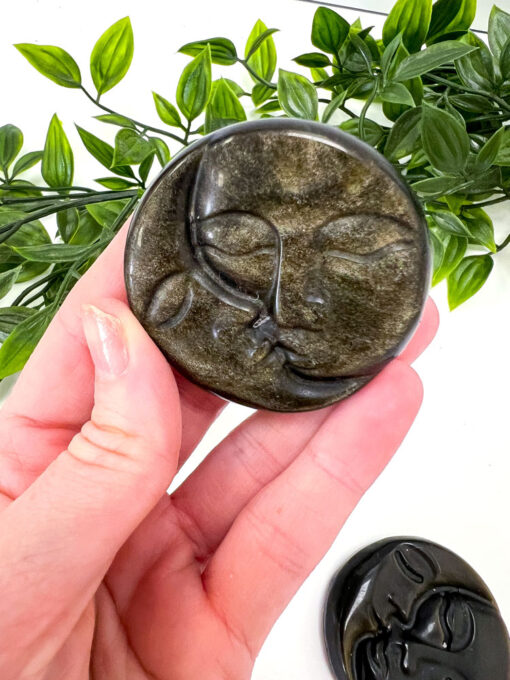 Gold Sheen Obsidian sun and moon face carving