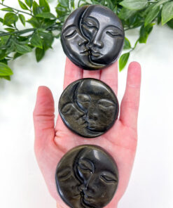 Gold Sheen Obsidian sun and moon face carving