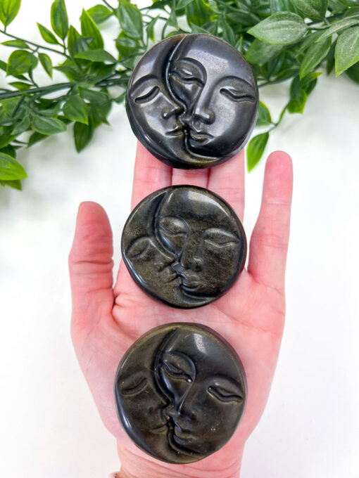 Gold Sheen Obsidian sun and moon face carving