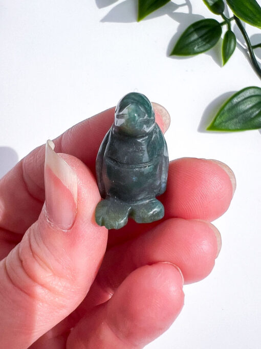 Moss Agate penguin carving