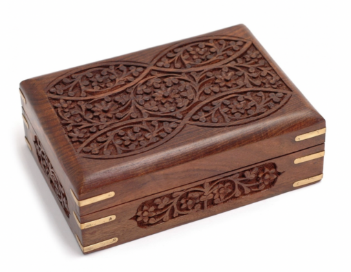 Hand Carved Engraved Wooden Box With Brass Corners