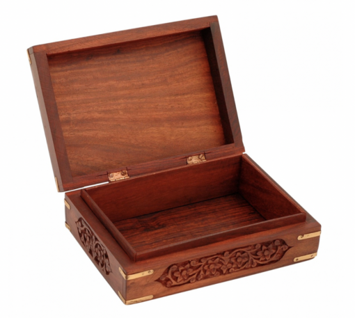 Hand Carved Engraved Wooden Box With Brass Corners